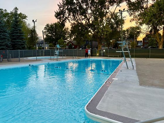 Municipal outdoor pool at sunset, Quebec